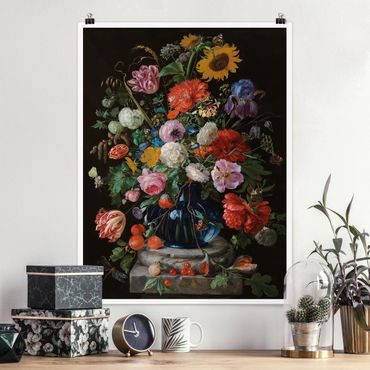Poster reproduction - Jan Davidsz de Heem - Tulips, a Sunflower, an Iris and other Flowers in a Glass Vase on the Marble Base of a Column