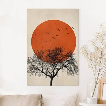 Impression sur toile - Flock Of Birds In Front Of Red Sun II