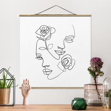 Tableau en tissu avec porte-affiche - Line Art Faces Women Roses Black And White