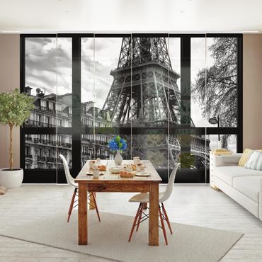 Set de panneaux coulissants - Window view Paris - Near the Eiffel Tower black and white
