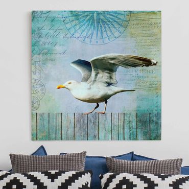 Impression sur toile - Vintage Collage - Seagull On Wooden Planks