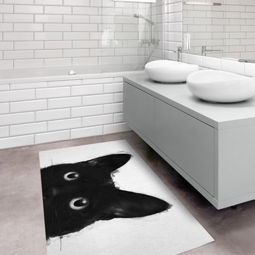Vinyl Floor Mat - Laura Graves - Illustration Black Cat On White Painting - Landscape Format 2:1