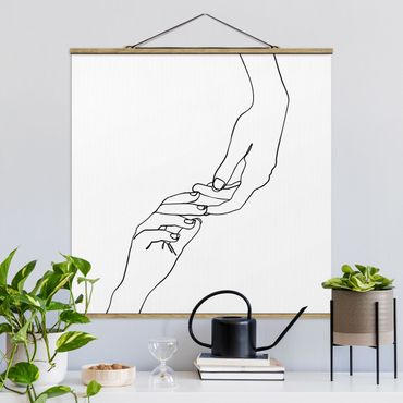 Tableau en tissu avec porte-affiche - Line Art Hands Touching Black And White