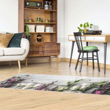 Vinyl Floor Mat - Tulip-Rose Shabby Wood Look - Panorama Landscape Format