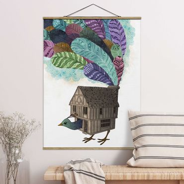 Tableau en tissu avec porte-affiche - Illustration Birdhouse With Feathers