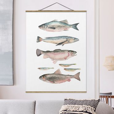 Tableau en tissu avec porte-affiche - Seven Fish In Watercolour I