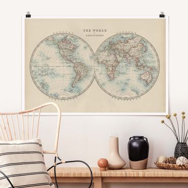Poster - Vintage World Map The Two Hemispheres