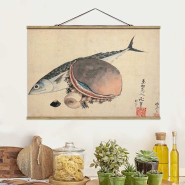 Tableau en tissu avec porte-affiche - Katsushika Hokusai - Mackerel and Sea Shells