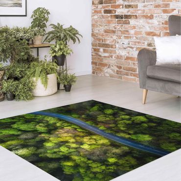 Vinyl Floor Mat - Aerial Image - Paved Road In the Forest - Square Format 1:1