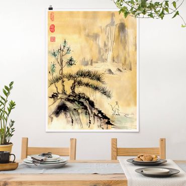 Poster - Japanese Watercolour Drawing Cedars And Mountains