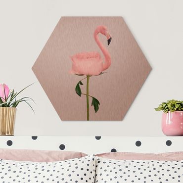 Hexagone en alu Dibond - Flamingo With Rose