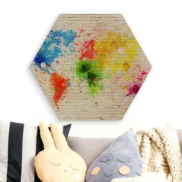 Hexagone en bois - White Brick Wall World Map