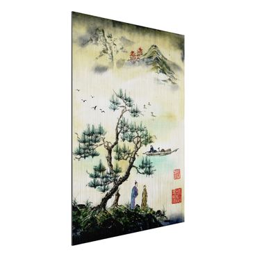 Impression sur aluminium - Japanese Watercolour Drawing Pine And Mountain Village