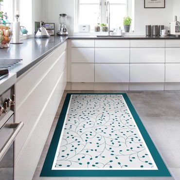 Vinyl Floor Mat - Delicate Branch Pattern With Dots In Petrol With Frame - Portrait Format 1:2