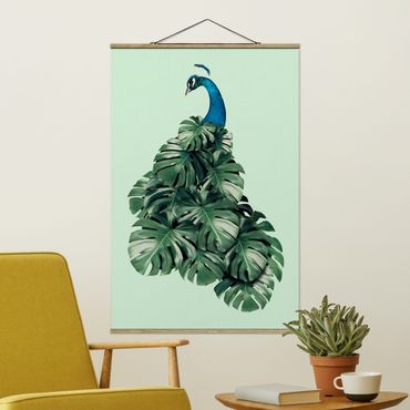 Tableau en tissu avec porte-affiche - Peacock With Monstera Leaves