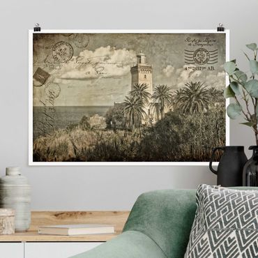Poster - Vintage Postcard With Lighthouse And Palm Trees