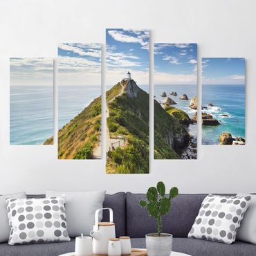 Impression sur toile 5 parties - Nugget Point Lighthouse And Sea New Zealand