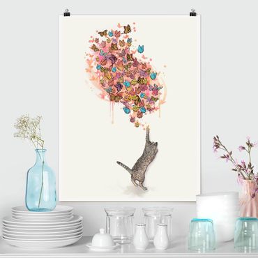 Poster - Illustration Cat With Colourful Butterflies Painting