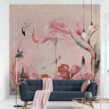 Papier peint - Shabby Chic Collage - Flamingo