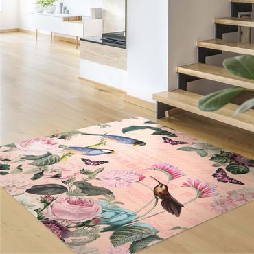 Vinyl Floor Mat - Vintage Collage - Roses And Birds - Square Format 1:1