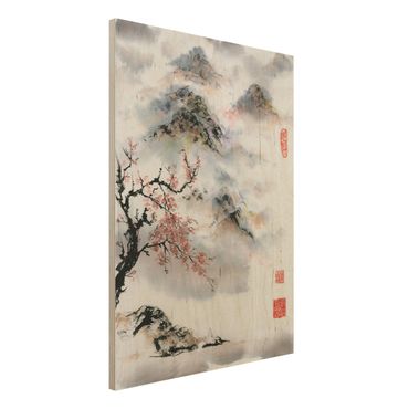 Impression sur bois - Japanese Watercolour Drawing Cherry Tree And Mountains