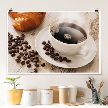 Poster - Steaming coffee cup with coffee beans
