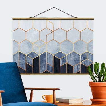Tableau en tissu avec porte-affiche - Golden Hexagons Blue White