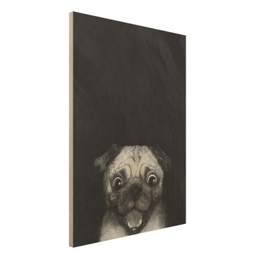 Impression sur bois - Illustration Dog Pug Painting On Black And White