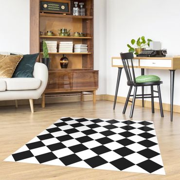Vinyl Floor Mat - Geometrical Pattern Rotated Chessboard Black And White - Square Format 1:1