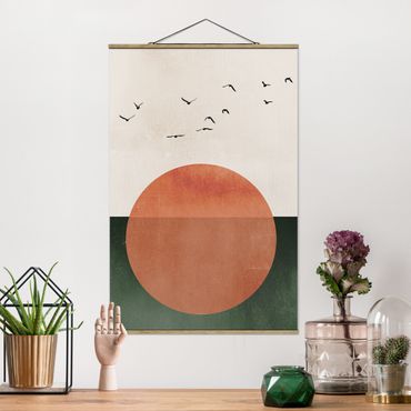 Tableau en tissu avec porte-affiche - Flock Of Birds In Front Of Rising Sun
