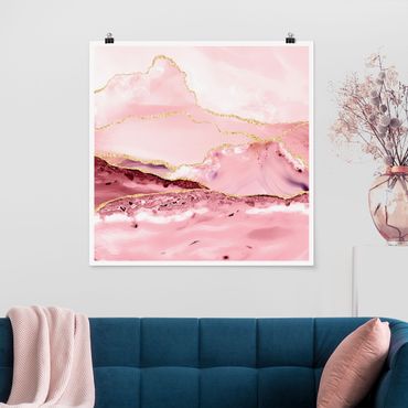 Poster - Abstract Mountains Pink With Golden Lines