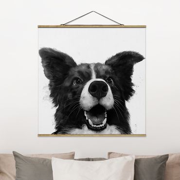 Tableau en tissu avec porte-affiche - Illustration Dog Border Collie Black And White Painting