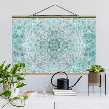 Tableau en tissu avec porte-affiche - Mandala Watercolour Ornament Pattern Turquoise