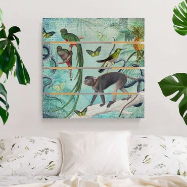 Impression sur bois - Colonial Style Collage - Monkeys And Birds Of Paradise