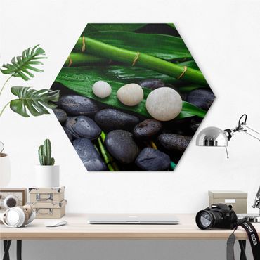 Hexagone en alu Dibond - Green Bamboo With Zen Stones