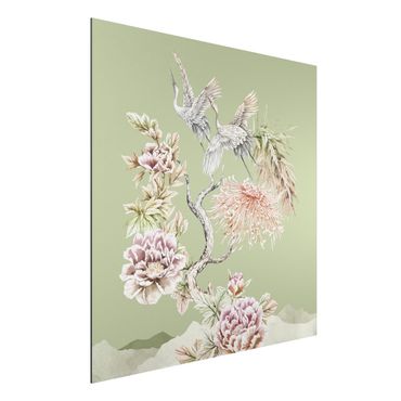 Tableau sur aluminium - Watercolour Storks In Flight With Flowers On Green