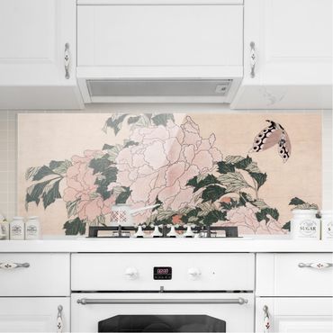 Fond de hotte - Katsushika Hokusai - Pink Peonies With Butterfly