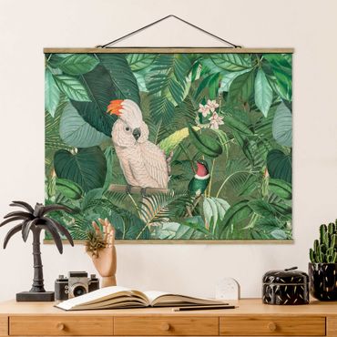 Tableau en tissu avec porte-affiche - Vintage Collage - Kakadu And Hummingbird