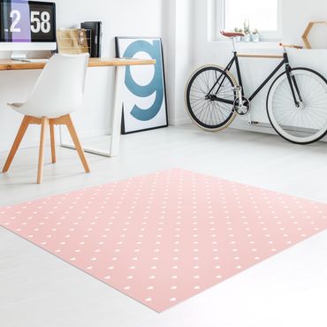 Vinyl Floor Mat - No.YK59 White Hearts On Light Pink - Square Format 1:1