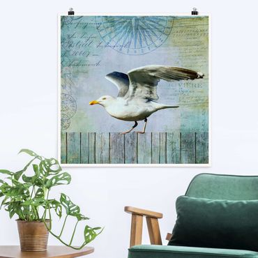 Poster - Vintage Collage - Seagull On Wooden Planks