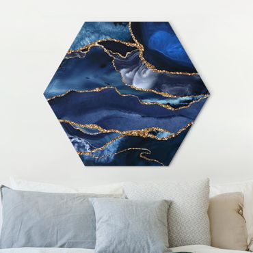 Hexagone en alu Dibond - Golden Glitter Waves Blue Backdrop