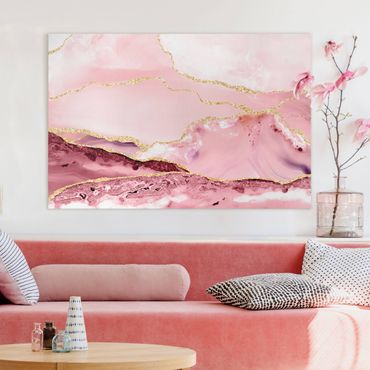 Impression sur toile - Abstract Mountains Pink With Golden Lines