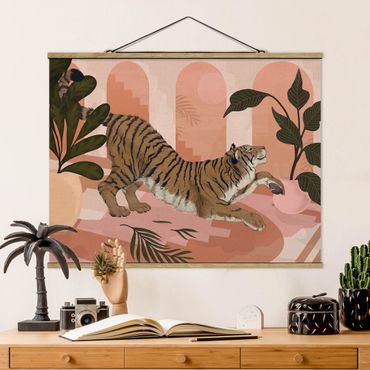 Tableau en tissu avec porte-affiche - Illustration Tiger In Pastel Pink Painting