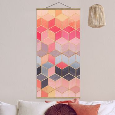 Tableau en tissu avec porte-affiche - Colourful Pastel Golden Geometrie