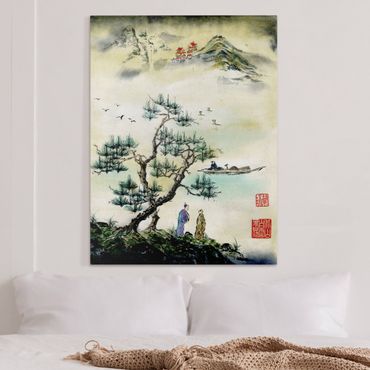 Impression sur toile - Japanese Watercolour Drawing Pine And Mountain Village