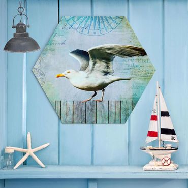 Hexagone en alu Dibond - Vintage Collage - Seagull On Wooden Planks