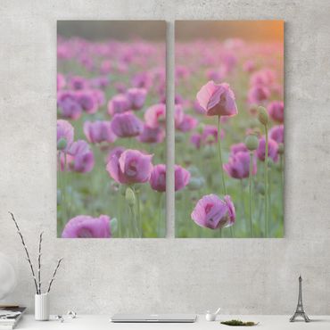 Impression sur toile 2 parties - Purple Poppy Flower Meadow In Spring
