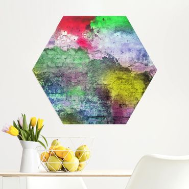 Hexagone en alu Dibond - Colourful Sprayed Old Brick Wall