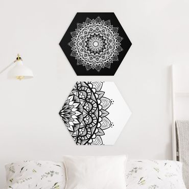Hexagone en alu Dibond - Mandala Illustration Shabby Set Black White