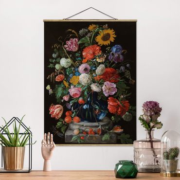 Tableau en tissu avec porte-affiche - Jan Davidsz de Heem - Tulips, a Sunflower, an Iris and other Flowers in a Glass Vase on the Marble Base of a Column